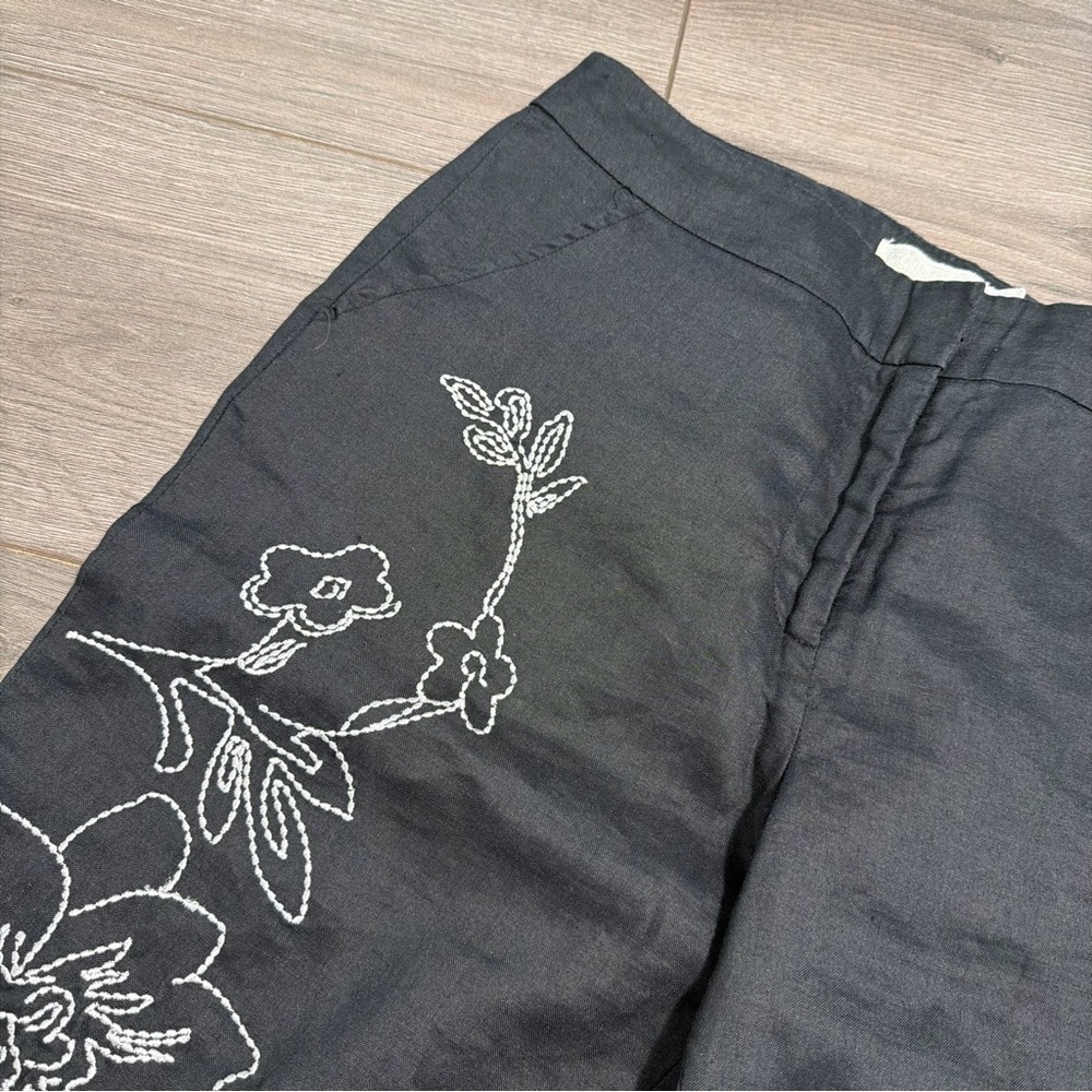 Cortefiel Black Linen Pants%100 LINEN with White Floral Embroidery-BRAND NEW - Picture 4 of 8